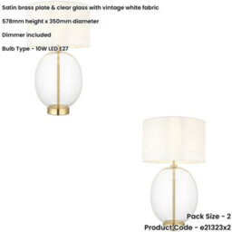 Loops 2 Pack Satin Brass Plate Table Lamp - Rounded Clear Glass With Vintage White Fabric Shade - Touch Dimmable - thumbnail 2