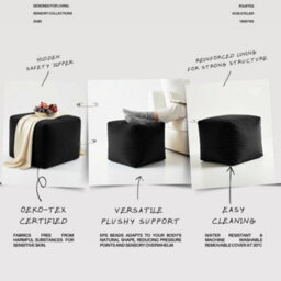 Kosi Atelier Kosiatelier Bean Bag Velvet Footstool Ottomona Cube Pouf Chair Pouffe, Polystyrene Beads Filled - Black, 30Cm X 30Cm X 30Cm - thumbnail 6