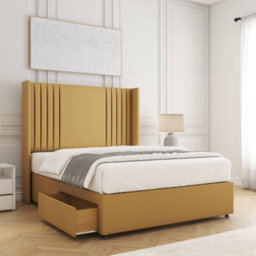 Bsspoke Cheshire Divan Bed Mustard Plush Velvet 54Inch Wingedback Panel Headboard 2 Drawers Footend & Mattress In All Sizes