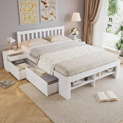 Matteo White Wooden Double Bed Frame With Integrated Bedside Tables, Under-Bed Drawers & Footboard Storage (4Ft6) - image 1