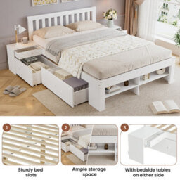 Matteo White Wooden Double Bed Frame With Integrated Bedside Tables, Under-Bed Drawers & Footboard Storage (4Ft6) - thumbnail 4