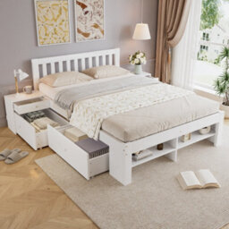 Matteo White Wooden Double Bed Frame With Integrated Bedside Tables, Under-Bed Drawers & Footboard Storage (4Ft6) - thumbnail 1