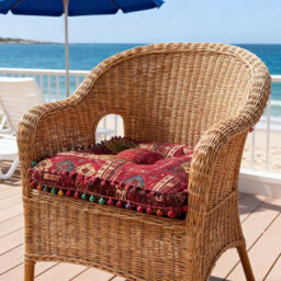 Living And Home Red Square Faux Linen Double-Sided Chair Cushion With Pom-Pom Trim, 40Cm (W) X 40Cm (D) X 8Cm (H) - thumbnail 2