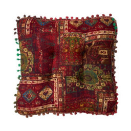 Living And Home Red Square Faux Linen Double-Sided Chair Cushion With Pom-Pom Trim, 40Cm (W) X 40Cm (D) X 8Cm (H) - thumbnail 4