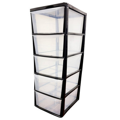 HEATON WHOLESALE 2 X Tall Black Home Office 5 Clear Drawer Plastic Modular Storage Tower Unit - image 1