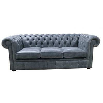 Chesterfield 3 Seater Devil Grigio Aniline Blue Leather Sofa In Classic Style - image 1