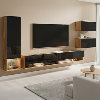 Amadeo Modern Wotan Wall Unit Tv Cabinet And Hanging Storage With Black High Gloss Fronts With Led Lights - image 1