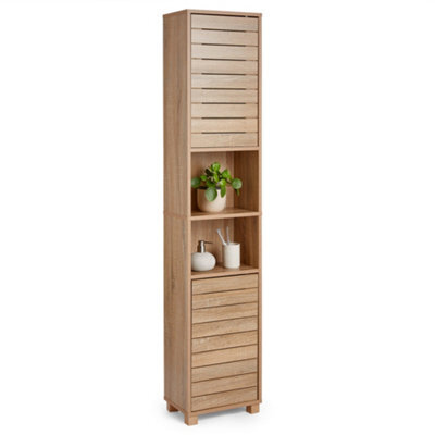 Vonhaus Tall Bathroom Cabinet, Oak Wood Effect Bathroom Tallboy Unit, Slatted Bathroom Storage For Kitchen And Hallway, Chester - image 1