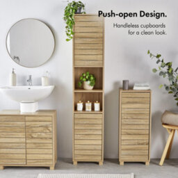 Vonhaus Tall Bathroom Cabinet, Oak Wood Effect Bathroom Tallboy Unit, Slatted Bathroom Storage For Kitchen And Hallway, Chester - thumbnail 2