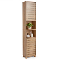 Vonhaus Tall Bathroom Cabinet, Oak Wood Effect Bathroom Tallboy Unit, Slatted Bathroom Storage For Kitchen And Hallway, Chester