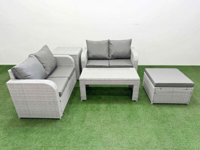 Fimous 5 Seater Outdoor Love Sofa Set Rattan Garden Furniture Set Oblong Coffee Table Big Footstool Side Table Light Grey - image 1