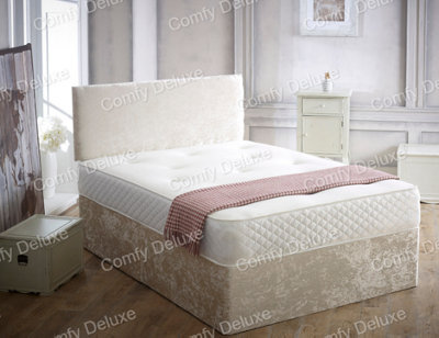 Comfy Deluxe 5Ft King Cream Crushed Velvet Divan Bed Set With Memory Mattress And Headboard 4 Drawers