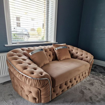 Stratus Interiors Ambassador Sofa Chesterfield Mink Toronto Silver Trim Plush Velvet No Frill