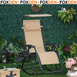 Foxden Beige Garden Rocking Sun Lounger Zero Gravity Recliner Adjustable Recline Folding Chair