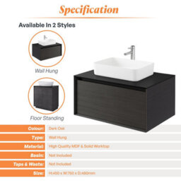 Plum&clay Matterhorn Dark Oak Wall Hung Bathroom Vanity Unit With Black Countertop (W)750mm (H)450mm - thumbnail 4