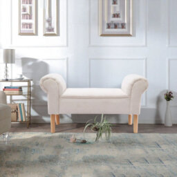 Beige Linen Bedroom Upholstered Bench End Sofa Chair Chaise Lounge Bench Window Seat Stool - thumbnail 3