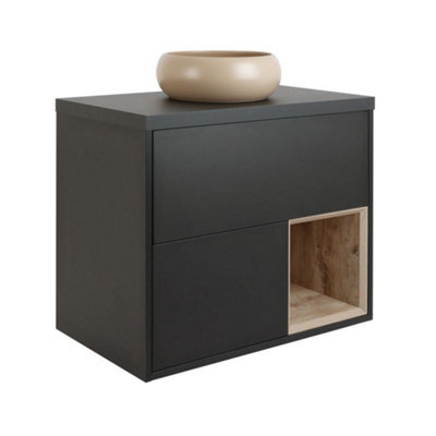 Homestylestore Black Grey 800mm Wall Hung Bathroom Vanity Unit Round Sand Countertop Basin Open Shelf - image 1