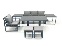 Fimous 6 Seater Garden Sofa Set Aluminium Furniture Rising Dining Tabe Set With Chair 2 Side Table 2 Small Footstools Dark Grey - thumbnail 2