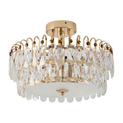 Living And Home Luxury Gold 5-Light Round Semi Flush Mount Crystal Ceiling Light With Double-Layer Design And  E14 Base, 38.5Cm Dia - image 1