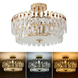 Living And Home Luxury Gold 5-Light Round Semi Flush Mount Crystal Ceiling Light With Double-Layer Design And  E14 Base, 38.5Cm Dia - thumbnail 2