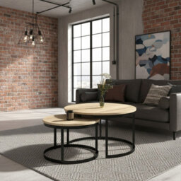 Okin 2 Piece Coffee Table Set Modern Metal Base With Durable Laminated Pvc Tops Large Small Duo Legs Black Tabletop Sonoma Oak