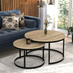 Okin 2 Piece Coffee Table Set Modern Metal Base With Durable Laminated Pvc Tops Large Small Duo Legs Black Tabletop Sonoma Oak - thumbnail 2