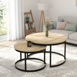 Okin 2 Piece Coffee Table Set Modern Metal Base With Durable Laminated Pvc Tops Large Small Duo Legs Black Tabletop Sonoma Oak - thumbnail 3