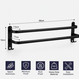 Billtix Aluminum  2 Tier Towel Holder Double Towel Rail Wall Mounted Bathroom With Hooks Heavy Duty Matte Black Rust Resistant - thumbnail 3