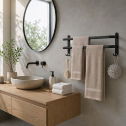 Billtix Aluminum  2 Tier Towel Holder Double Towel Rail Wall Mounted Bathroom With Hooks Heavy Duty Matte Black Rust Resistant - thumbnail 2