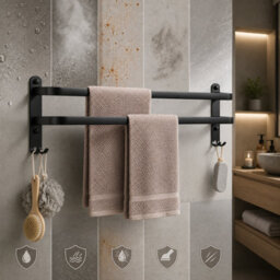 Billtix Aluminum  2 Tier Towel Holder Double Towel Rail Wall Mounted Bathroom With Hooks Heavy Duty Matte Black Rust Resistant - thumbnail 7