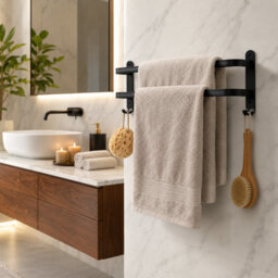 Billtix Aluminum  2 Tier Towel Holder Double Towel Rail Wall Mounted Bathroom With Hooks Heavy Duty Matte Black Rust Resistant - thumbnail 4