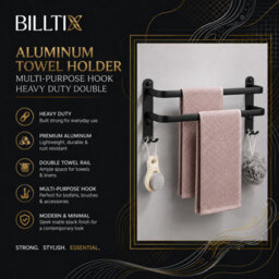 Billtix Aluminum  2 Tier Towel Holder Double Towel Rail Wall Mounted Bathroom With Hooks Heavy Duty Matte Black Rust Resistant - thumbnail 8