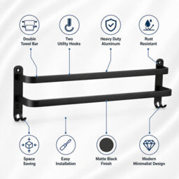 Billtix Aluminum  2 Tier Towel Holder Double Towel Rail Wall Mounted Bathroom With Hooks Heavy Duty Matte Black Rust Resistant - thumbnail 9