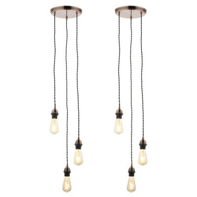 First Choice Lighting Set Of 2 Antique Copper Vintage Braided Cable 3 Light Pendant Sets - image 1