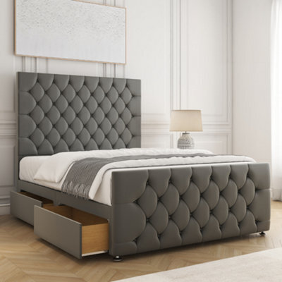 Bsspoke Maya Divan Bed Set Grey Plush Velvet 54Inch Headboard & 20Inch Footboard 2 Drawers Same Side & Mattress In All Sizes - image 1