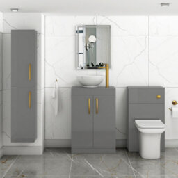 Royal Bathrooms 600mm Floor Standing Vanity Unit 2 Door Indigo Grey Gloss & Countertop Basin - Breeze With Brushed Brass Handle - thumbnail 2