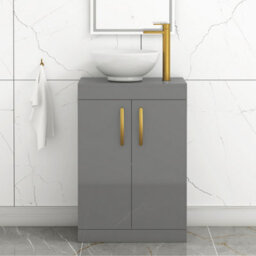 Royal Bathrooms 600mm Floor Standing Vanity Unit 2 Door Indigo Grey Gloss & Countertop Basin - Breeze With Brushed Brass Handle - thumbnail 1