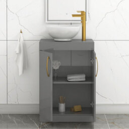 Royal Bathrooms 600mm Floor Standing Vanity Unit 2 Door Indigo Grey Gloss & Countertop Basin - Breeze With Brushed Brass Handle - thumbnail 3
