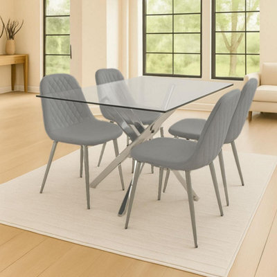 Kosy Koala Modern Rectangle Glass Dining Table Set With 4 Grey Gem Pattern Chairs Dining Room Furniture - image 1