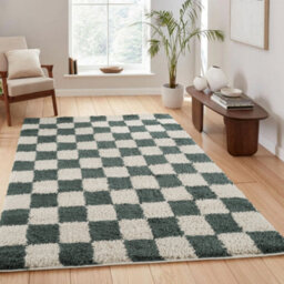 Chester Living Room Shaggy Area Rug Modern - Contemporary Checkered Design - Hallway Runner Indoor Rug Jade Green 200X290 Cm - thumbnail 1