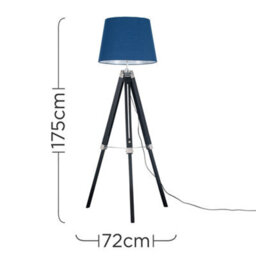 Valuelights Clipper Black Wood And Silver Chrome Tripod Floor Lamp With Navy Blue Light Shade - thumbnail 6
