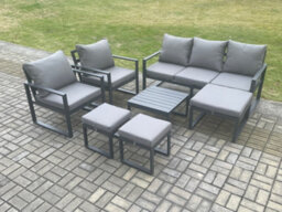 Fimous Aluminium Outdoor Lounge Sofa Set Garden Furniture Sets With Square Coffee Table 2 Chairs 3 Footstools 8 Seater - thumbnail 1