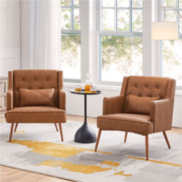 Yaheetech Pu Leather Accent Armchair With Lumbar Pillow Retro Brown - thumbnail 2