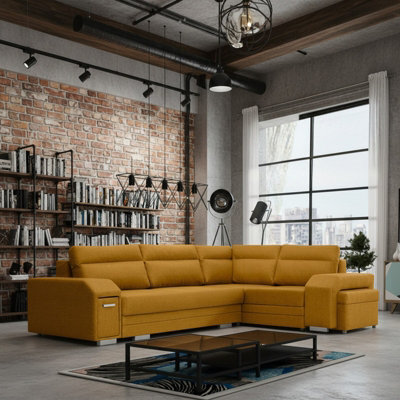 Alvares Living Room Corner Sofa Bed With Sleeping Function Upholstered Back 2 Storage 305X205X90Cm Mustard Right - image 1