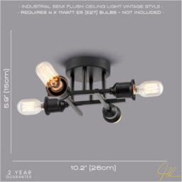 Happy Homewares Industrial Vintage Matte Black Ceiling Light Fixture With Classic Lampholders - thumbnail 6