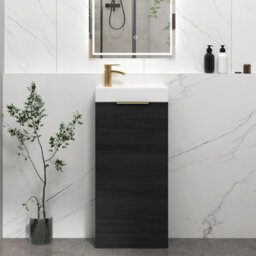 Royal Bathrooms Royal Bathroom Como 400mm Floor Standing Cloakroom Vanity Unit Ceramic Basin Sink 1 Door Hale Black With Brushed Brass Handle - thumbnail 1
