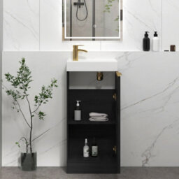 Royal Bathrooms Royal Bathroom Como 400mm Floor Standing Cloakroom Vanity Unit Ceramic Basin Sink 1 Door Hale Black With Brushed Brass Handle - thumbnail 5