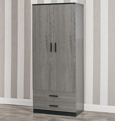Urbnliving 180Cm Tall 2 Door Wardrobe Black Carcass And Ash Grey Drawers With 2 Drawers Bedroom Storage Hanging Bar Clothes - image 1