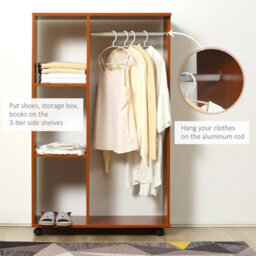 Rolling Open Wardrobe Hanging Rail Storage Shelves For Clothes, Walnut - thumbnail 6