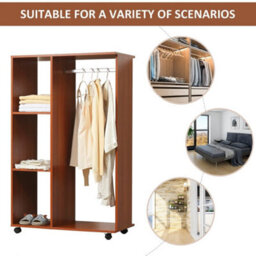 Rolling Open Wardrobe Hanging Rail Storage Shelves For Clothes, Walnut - thumbnail 5